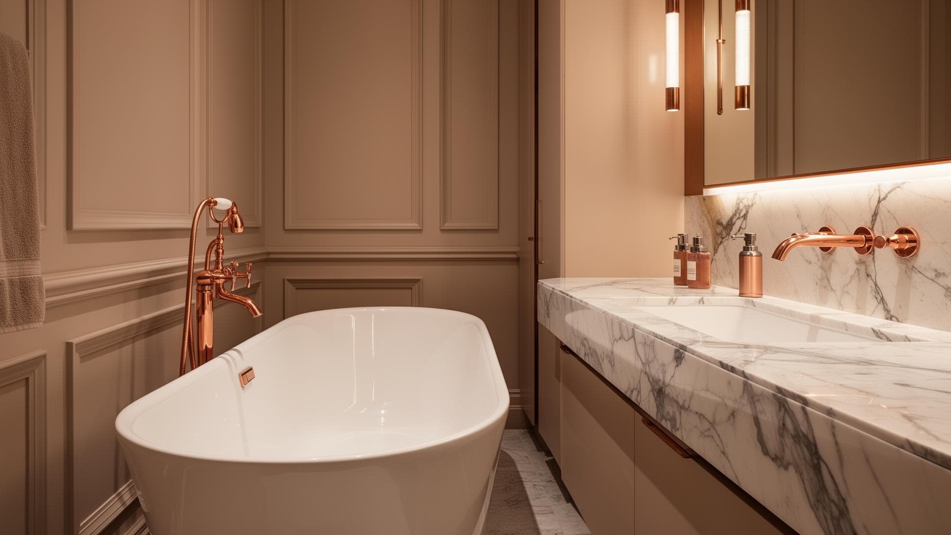 Plomberie rénovation haut de gamme avec robinetterie design dans un intérieur luxueux