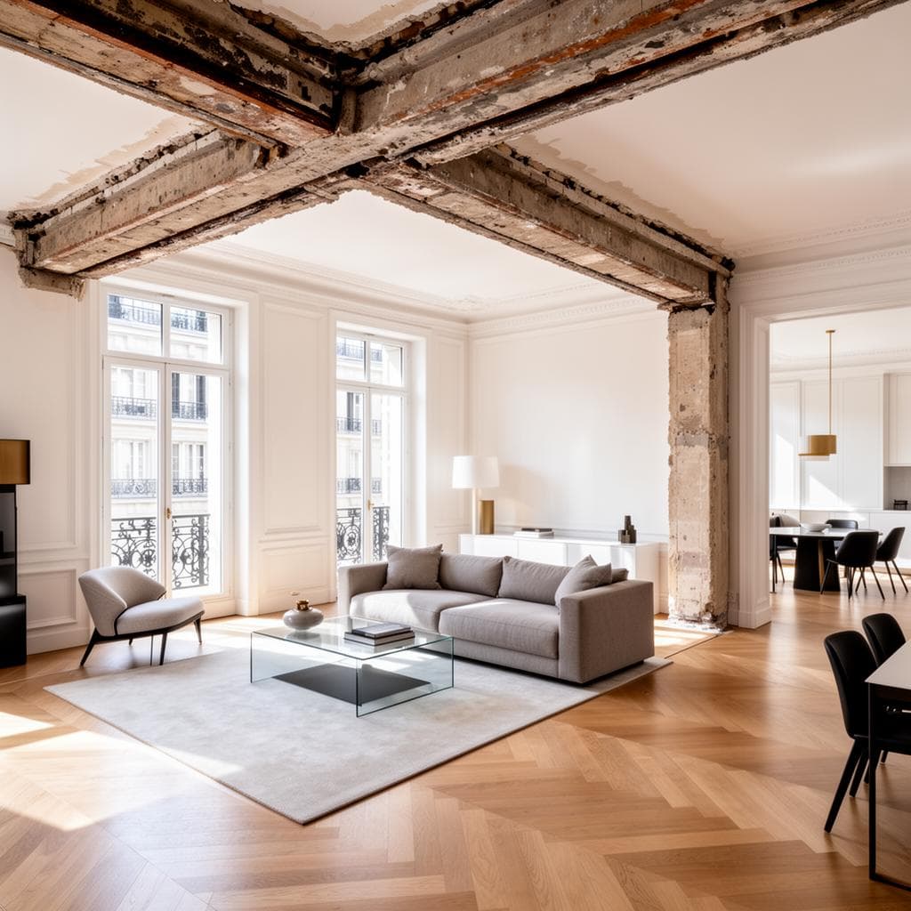 Espace ouvert après ouverture mur porteur avec poutre IPN apparente